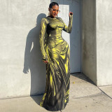 Print High Waist Long Sleeve Slim Maxi Dress GZJQ-K24D53517