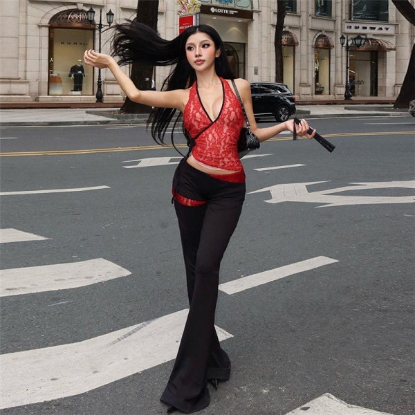 Sexy V Neck Halter Tie Up Two Piece Pants Set  GZJQ-K24S59254