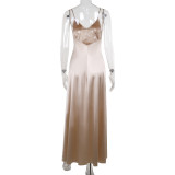 Sexy V-neck Backless Satin Sling Maxi Dress FL-XY24609PFO