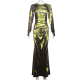 Print High Waist Long Sleeve Slim Maxi Dress GZJQ-K24D53517