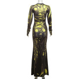 Print High Waist Long Sleeve Slim Maxi Dress GZJQ-K24D53517