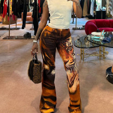 Tiger Print High Waisted Straight Leg Pants GZJQ-K23P30609