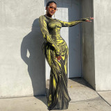 Print High Waist Long Sleeve Slim Maxi Dress GZJQ-K24D53517
