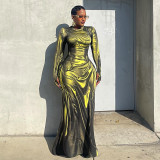 Print High Waist Long Sleeve Slim Maxi Dress GZJQ-K24D53517