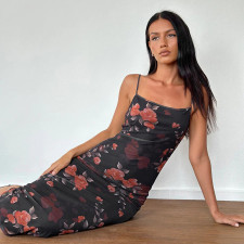 Sexy Sling Mesh Print Midi Dress FL-YJ24662DGO
