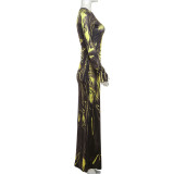 Print High Waist Long Sleeve Slim Maxi Dress GZJQ-K24D53517