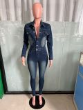 Long Sleeve Single Breasted Denim Jumpsuit LX-6040