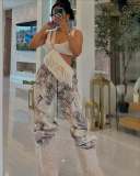 Printed Faux Denim Drawstring Relaxed Straight Pants GSMJ-6988