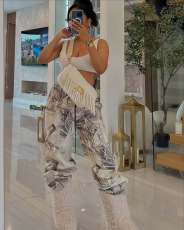 Printed Faux Denim Drawstring Relaxed Straight Pants GSMJ-6988