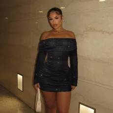 Sexy Off Shoulder Skinny Pleated Mini Dress MDF-5513