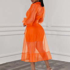 Mesh Tie Up Shirt Dress+Sling Vest Dress Two Piece Set GMLF-3324