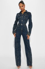 Washed Long Sleeve Patchwork Denim Jumpsuit LX-6039