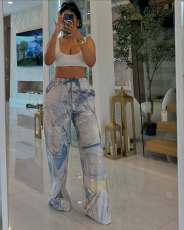 Printed Faux Denim Drawstring Relaxed Straight Pants GSMJ-6988
