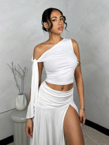 Slash Shoulder Solid Color Spit Skirt Suit BS-1383