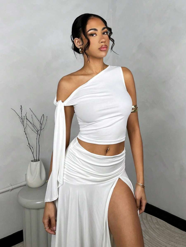 Slash Shoulder Solid Color Spit Skirt Suit BS-1383