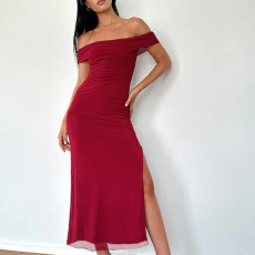Mesh One Shoulder Split Maxi Dress FL-XY24669DGD