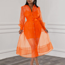 Mesh Tie Up Shirt Dress+Sling Vest Dress Two Piece Set GMLF-3324