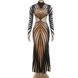 Sexy Print Long Sleeve Hollow Maxi Dress GZJQ-K24D53855