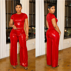 Hot Stamping Solid Color Short Sleeve Wide Leg Pants Set YNSF-2673