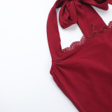 Solid Color Lace Halterneck Tops FL-JY24674PFO