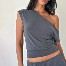 Slash Shoulder Backless Solid Tops FL-YJ25009PFO