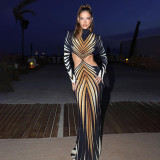 Sexy Print Long Sleeve Hollow Maxi Dress GZJQ-K24D53855