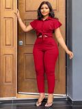 Lapel Ruffled Sleeve Single-breasted Lace-up Pants Set BS-1375