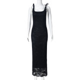 Strappy Bow Backless Lace Double Layer Long Dress GNZD-51526DHD