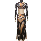 Sexy Print Long Sleeve Hollow Maxi Dress GZJQ-K24D53855