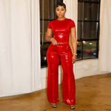 Hot Stamping Solid Color Short Sleeve Wide Leg Pants Set YNSF-2673