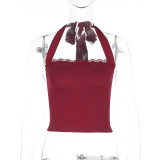 Solid Color Lace Halterneck Tops FL-JY24674PFO