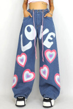 Contrast Color Heart Graffiti Print Loose Jeans GMWF-AL69572