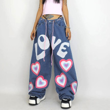 Contrast Color Heart Graffiti Print Loose Jeans GMWF-AL69572