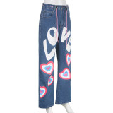 Contrast Color Heart Graffiti Print Loose Jeans GMWF-AL69572