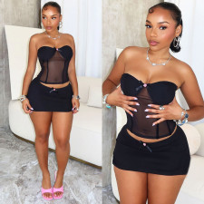 See Through Patchwork Wrap Chest Tops Skirt Suit GNZD-51320SHD
