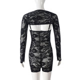 Lace Long Sleeve Hollow Out Sling Romper 2 Piece Set GNZD-51457JHD
