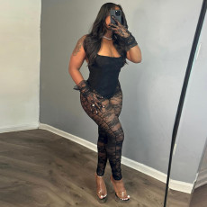 Patchwork See-through Hollow Out Jumpsuit GNZD-51315JHD