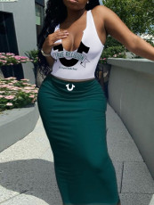 Plus Size Letter Print Sleeveless Tops Two Piece Skirt Set HMYI-06543