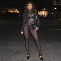 Lace Hollow Out Mesh Socking Zipper Jumpsuit MXBF-Y24JP659-BK