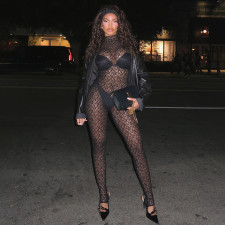 Lace Hollow Out Mesh Socking Zipper Jumpsuit MXBF-Y24JP659-BK