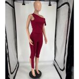 Slash Shoulder Tie Up Solid Two Piece Suit FOSF-8802