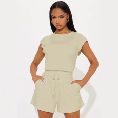 Solid Color Sleeveless Loose Two Piece Shorts Set FENF-6028