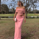 One Shoudler Pleated Solid Color Maxi Dress GPBY-17166