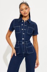 Fashion Denim Short Sleeve Wide Leg Jumpsuit LX-6042