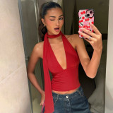Solid Color Deep V Neck Tie Up Tops GPBY-17158