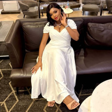 Plus Size Short Sleeve Pleated Solid Maxi Dress NNWF-8072