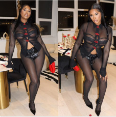 Long Sleeve Mesh Shirt Two Piece Pants Set YNSF-2678