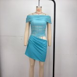 One Shoulder Mesh Hollow Out Pleated Mini Dress GPBY-17169