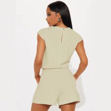 Solid Color Sleeveless Loose Two Piece Shorts Set FENF-6028