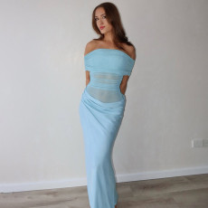 One Shoudler Pleated Solid Color Maxi Dress GPBY-17166